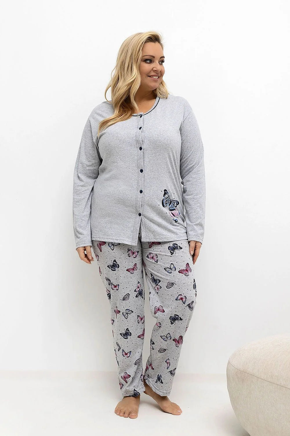 pyjama femme grande taille ensemble deux pièces haut boutonné col rond manches longues pantalon imprimé papillons pois coton doux confortable