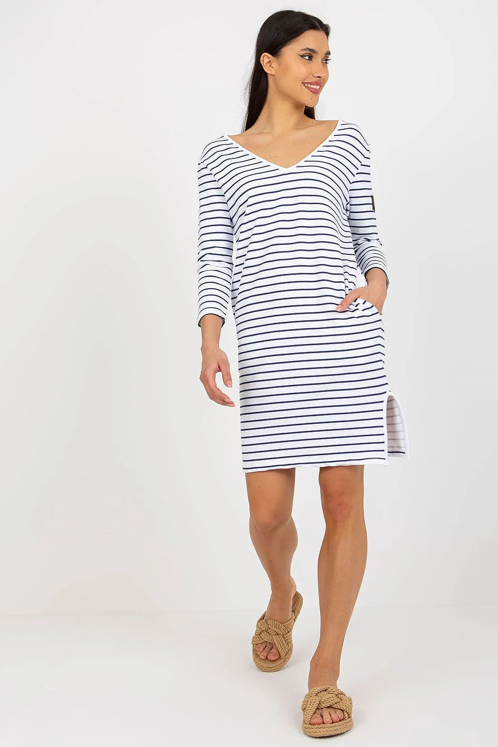 Robe de jour Och Bella en jersey rayures marine et blanc manches 3/4 encolure V fente latérale femmes