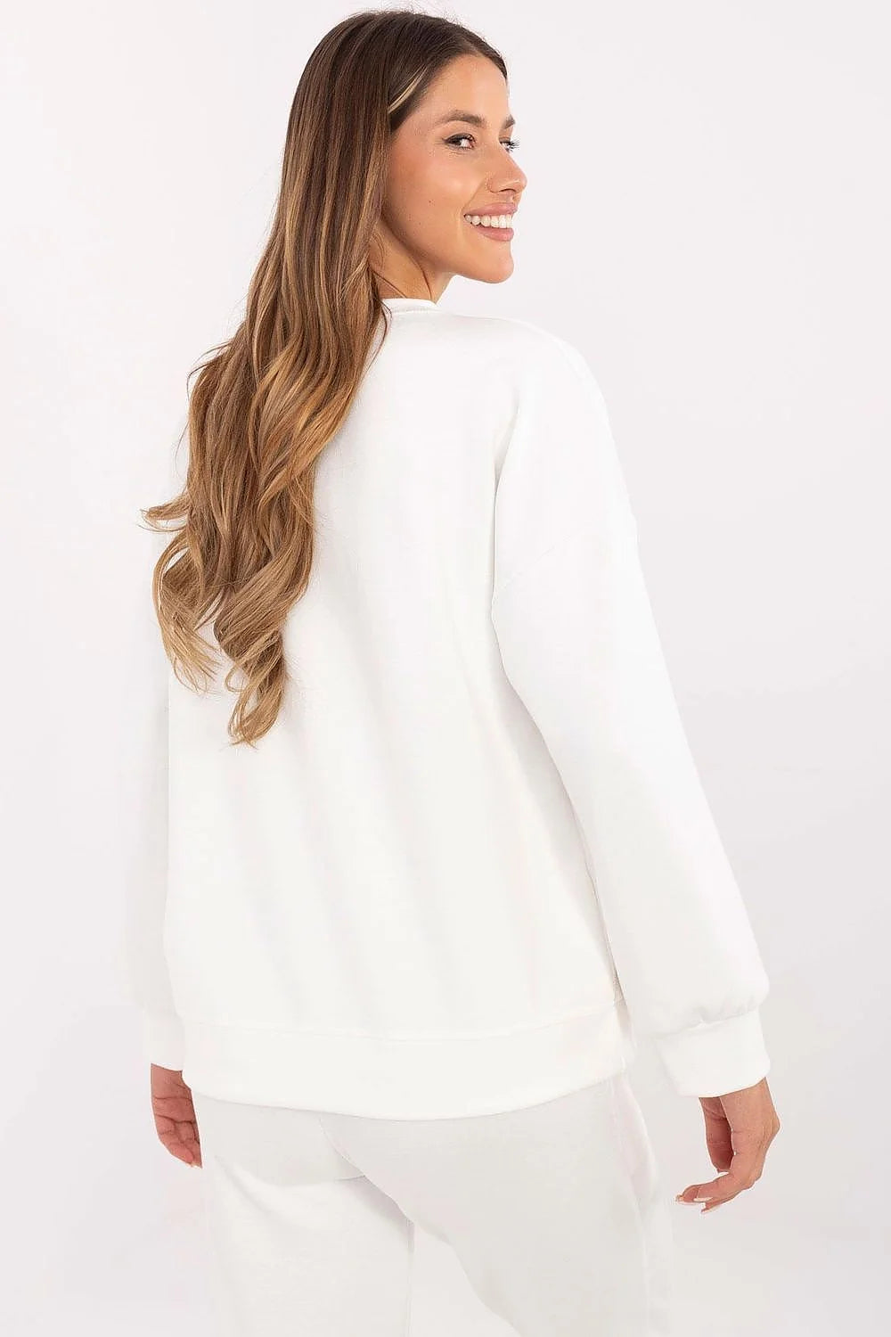 Sweatshirt moderne élégant pour femme blanc col rond manches longues motif cœur perlé polyester viscose élasthanne confort haute qualité
