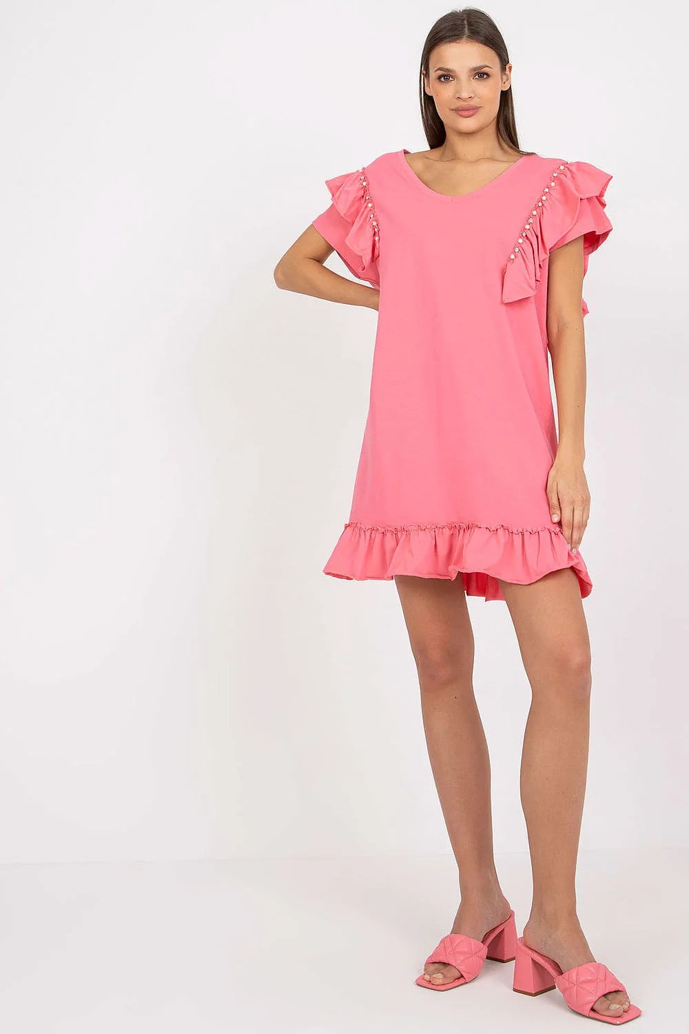 robe estivale corail légère fluide coton viscose col rond coupe droite manches courtes volants perles ourlet volanté féminine chic confortable