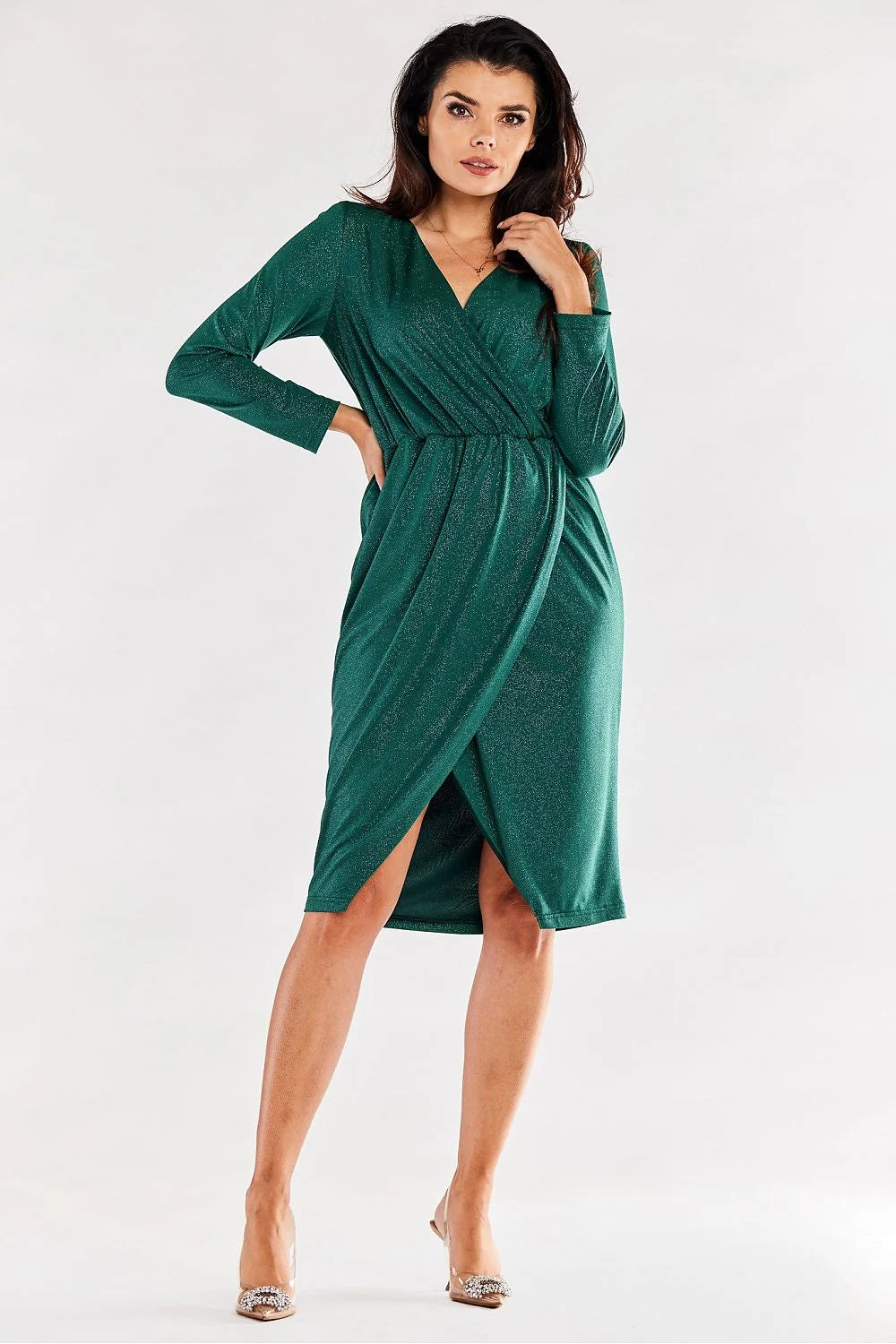Robe de soirée élégante longue manches longues encolure V croisée taille ajustable tissu métallisé rouge vif femme