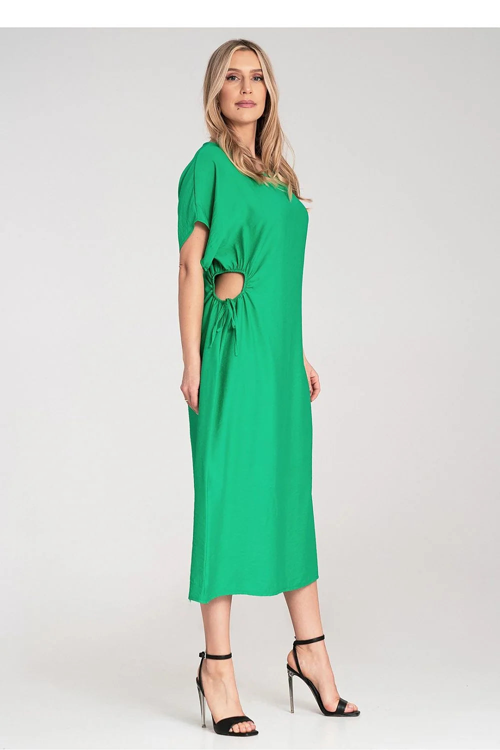 Robe midi femme style moderne couleur verte vif viscose 100% coupe droite manches courtes évasées ajustement taille détails décoratifs