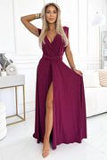 robe longue bordeaux Numoco élégante coupe fluide épaules structurées décolleté portefeuille fente haute ceinture assortie tissu extensible polyester élasthanne brillant