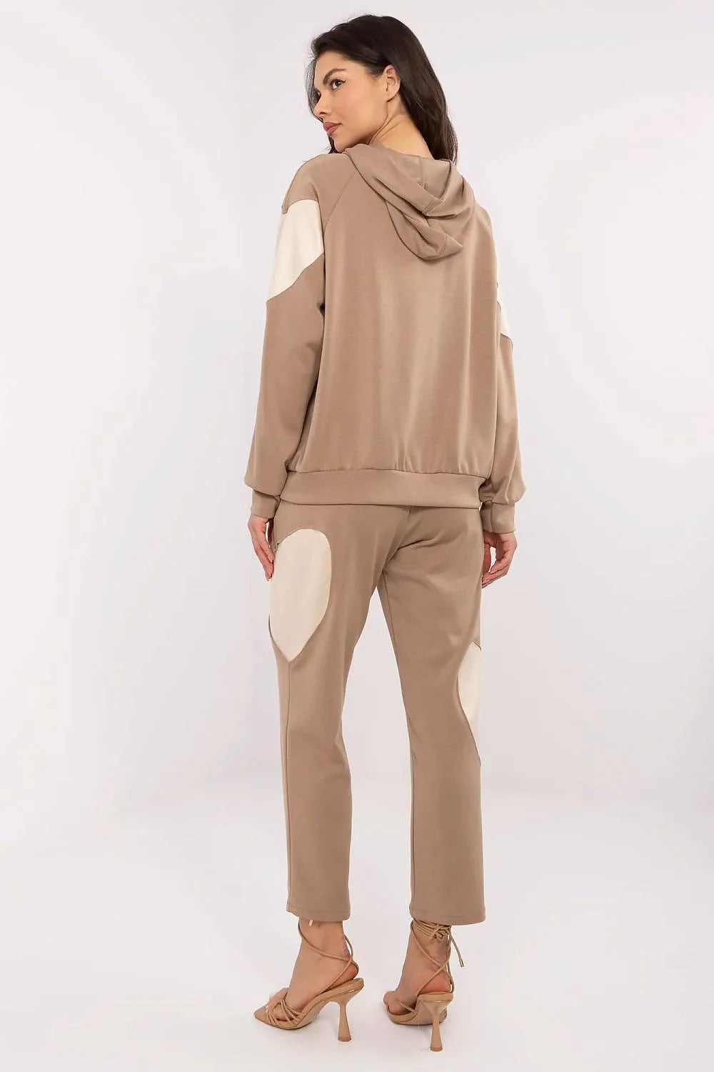 ItalyModa ensemble loungewear femme sweat capuche oversize manches longues jogpant tapered taille haute cheville taupe empiècements crème maille douce extensible