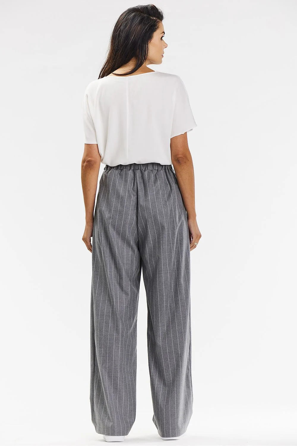 pantalon femme awama taille haute palazzo pinces fluide large gris anthracite rayures blanches structuré ceinture élastiquée poches latérales élégant bureau