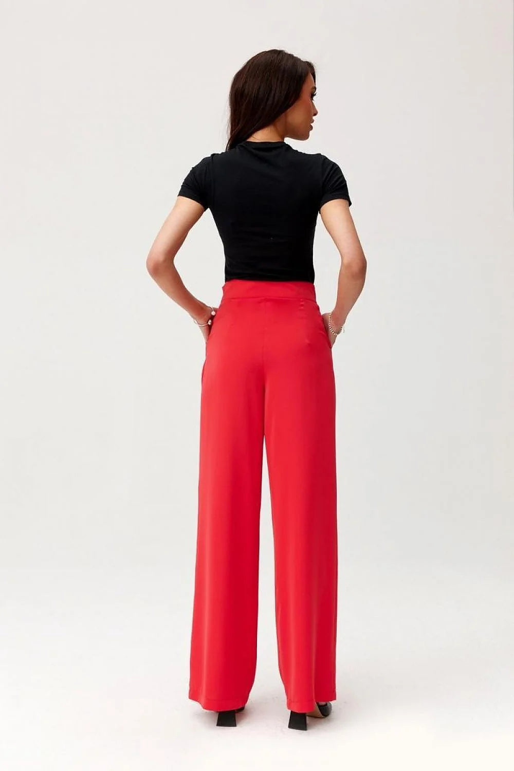 Pantalon femme Roco Fashion taille haute jambes larges couleur rouge vif matière fluide coupe ajustée