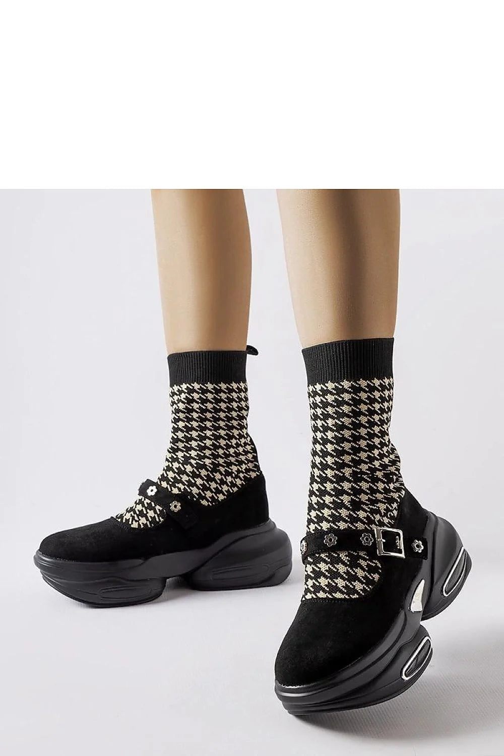 bottines femme stretch tricot ajustées pieddepoule noir beige semelle épaisse plateforme sculptée inserts argentés bride bouclée décorative fleurs rivets élégante