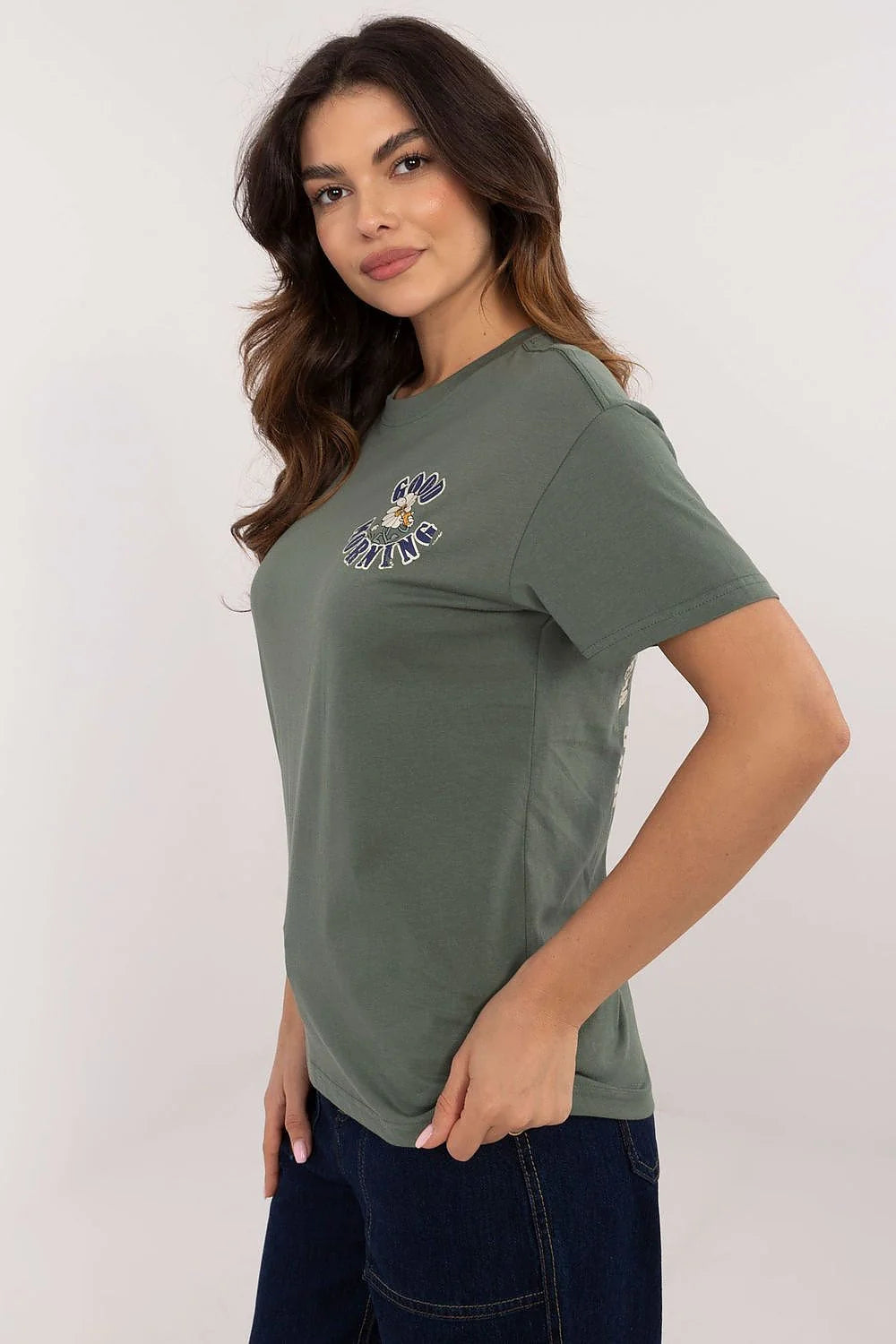 T-shirt femme vert kaki Good Morning marguerites court manches col rond style casual loose fit
