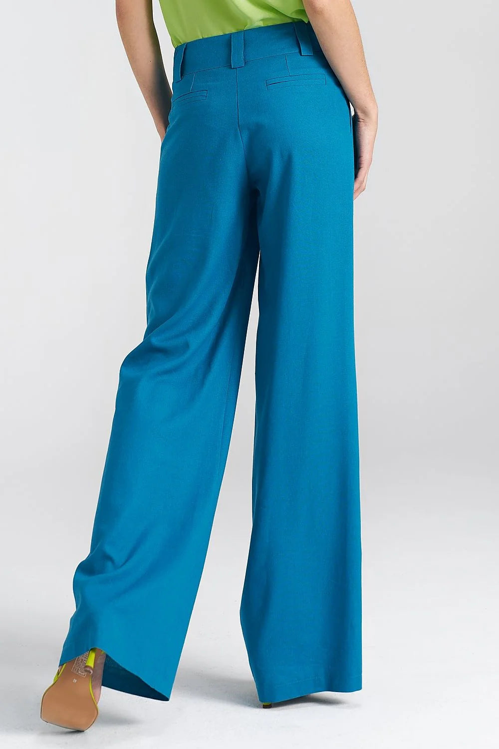 Pantalon long Nife pour femme en viscose, lin et coton bleu capri coupe décontractée taille haute poches latérales