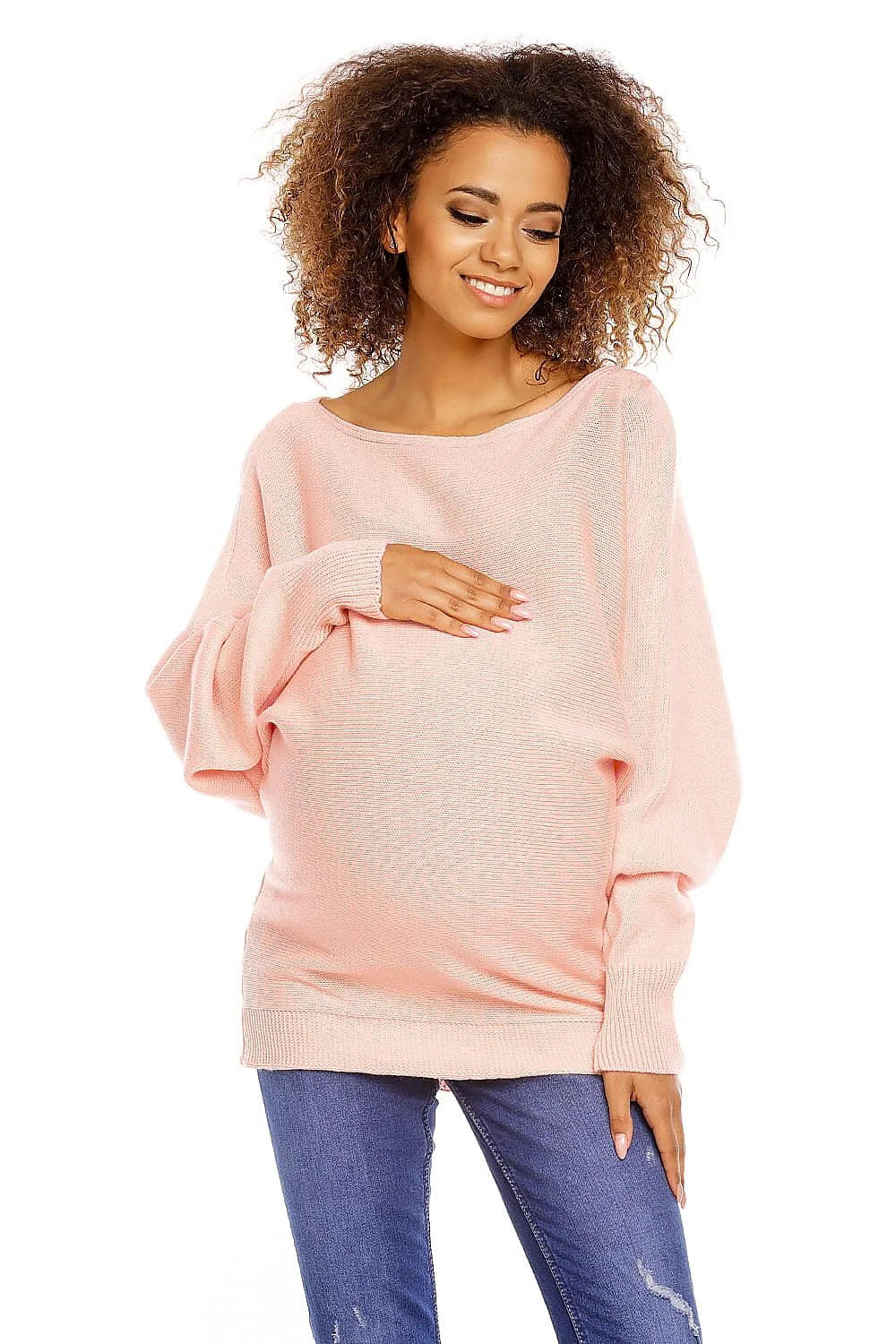 Chandail grossesse Pee Ka Boo maternity top, pull maternité confortable, style casual, couleur rose pâle, coupe ample, manches longues, encolure bateau, acrylique 100 %