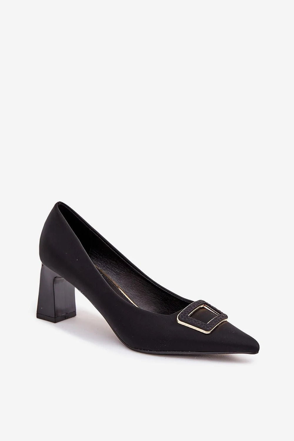 escarpins femme simili cuir noir satiné bout pointu talon colonne moyen boucle carrée dorée semelle intérieure confort élégant polyvalent intemporel