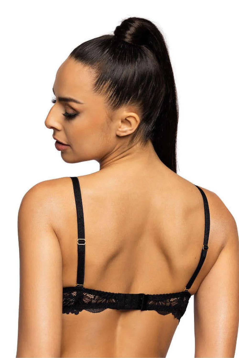 soutien gorge pushup dentelle noire plongeant rembourré armatures bonnets moulés galbant bretelles fines réglables amovibles applique bijou doré maintien renforcé