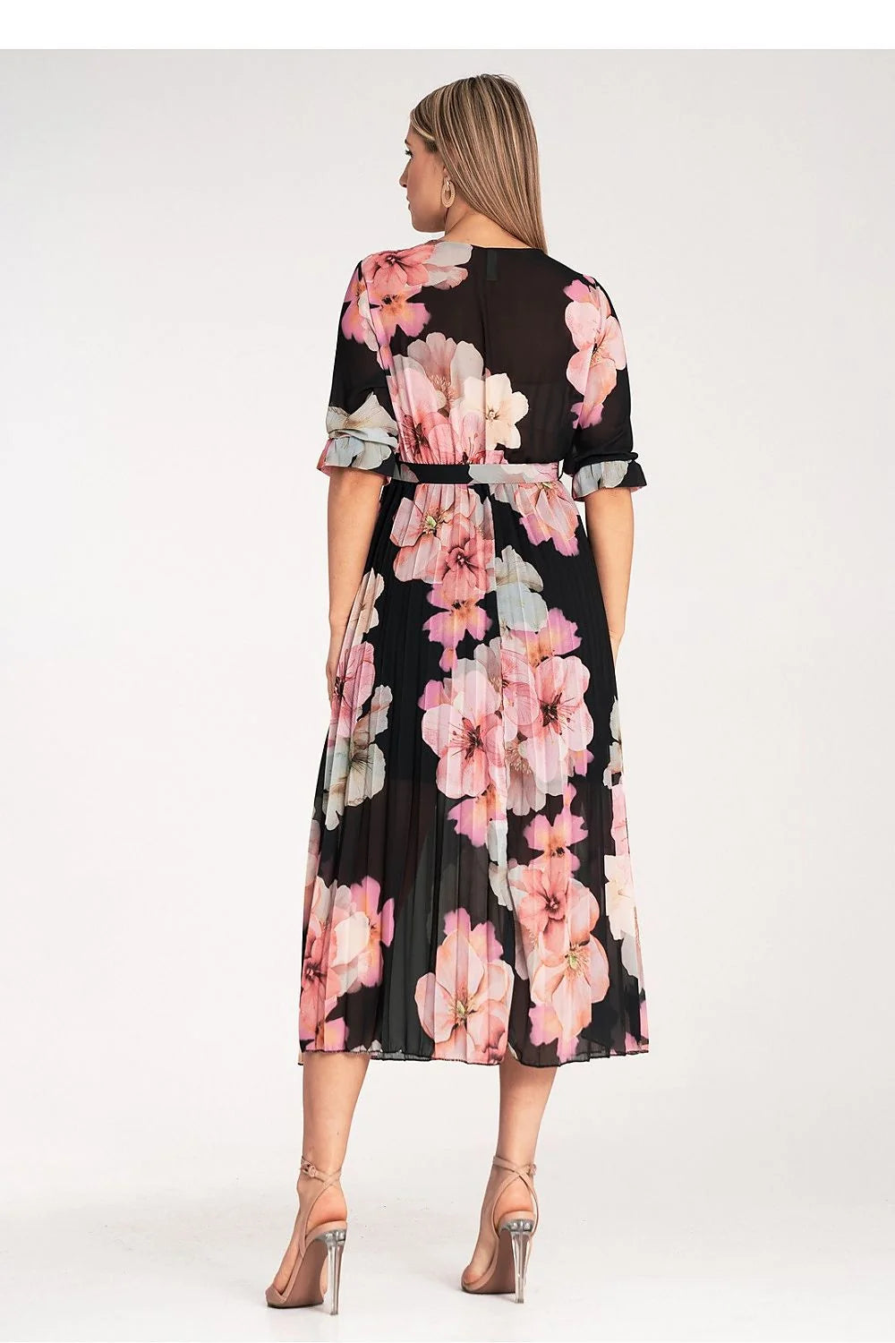 Robe de jour élégante à imprimé floral manches 3/4 taille élastique avec ceinture en tissu fluide pour femme