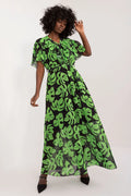 Robe de jour élégante longue motifs tropicaux vert vif noir manches courtes col V volants femme été