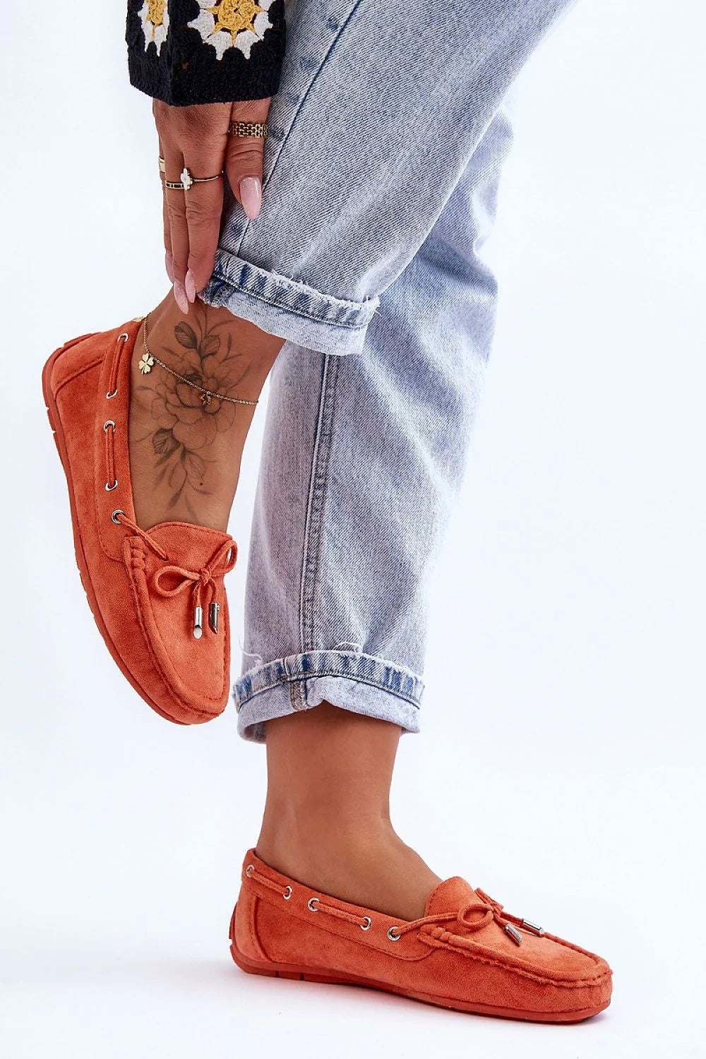 Mocassins classiques femmes suédine écologique nœud métal orange vif marine elements mode casual chic