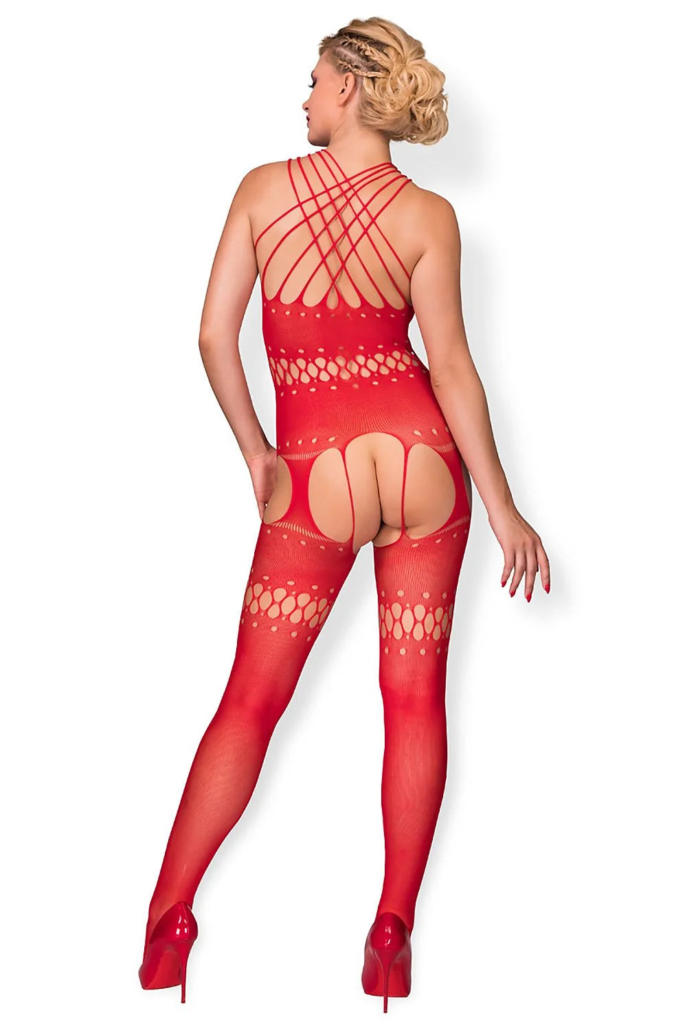 Bodystocking résille rouge vif sexy ajusté croisées losange ouvert occasions spéciales femmes élégantes