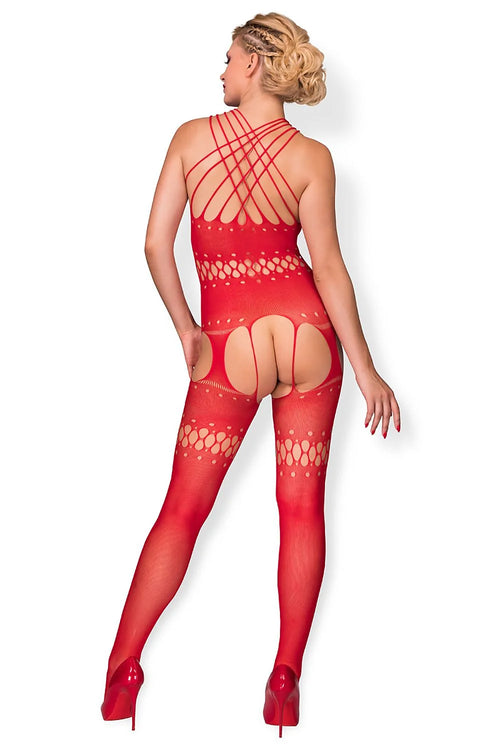 Bodystocking résille rouge vif sexy ajusté croisées losange ouvert occasions spéciales femmes élégantes