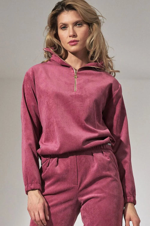 ensemble coordonné velours côtelé rose sweatshirt demi zip doré manches longues poignets élastiques pantalon coupe droite taille élastique casual chic