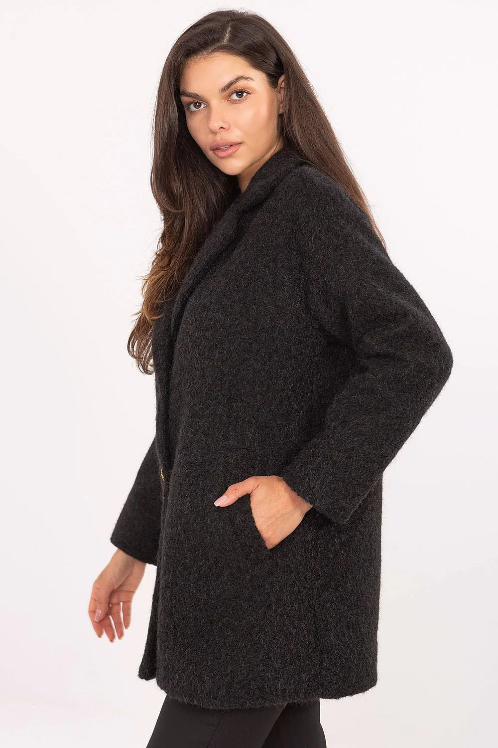 manteau femme mi cuisses bouclé noir col tailleur coupe droite oversize manches longues poches latérales boutons dorés texturé chic urbain