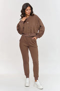 ensemble femme Makadamia bomber court manches bouffantes poches plaquées haut rayures pantalon ample taille haute élastiquée brun chocolat