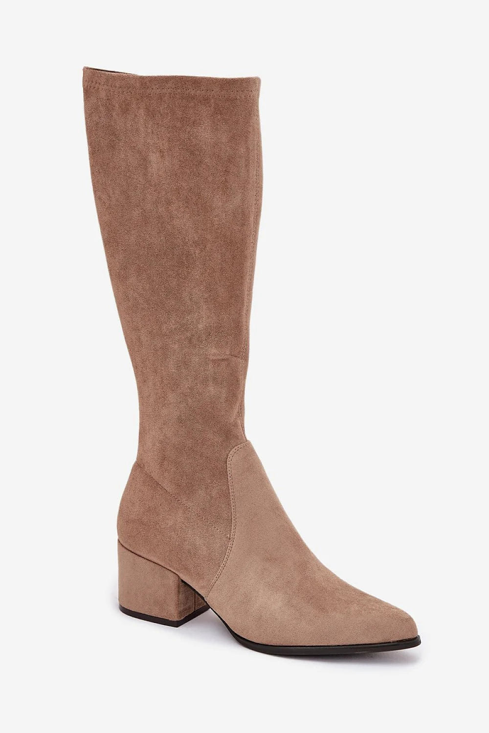 bottes femme suédine écologique taupe tige ajustée hauteur genou bout pointu talon bloc 6cm doublure fourrure chaude confortable