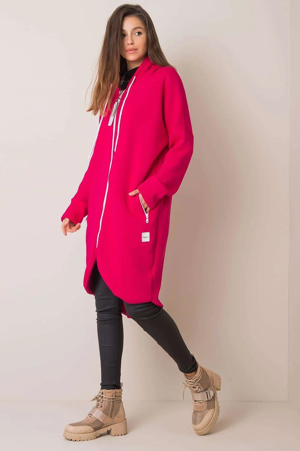 Sweatshirt pour femme coupe longline manches longues capuche fermeture éclair coton élasthanne beige sable