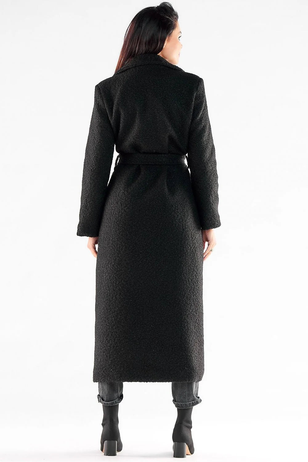 Manteau long pour femme pied-de-poule noir et blanc coupe droite boutons noirs ceinture polyester 100% mode ville soirées