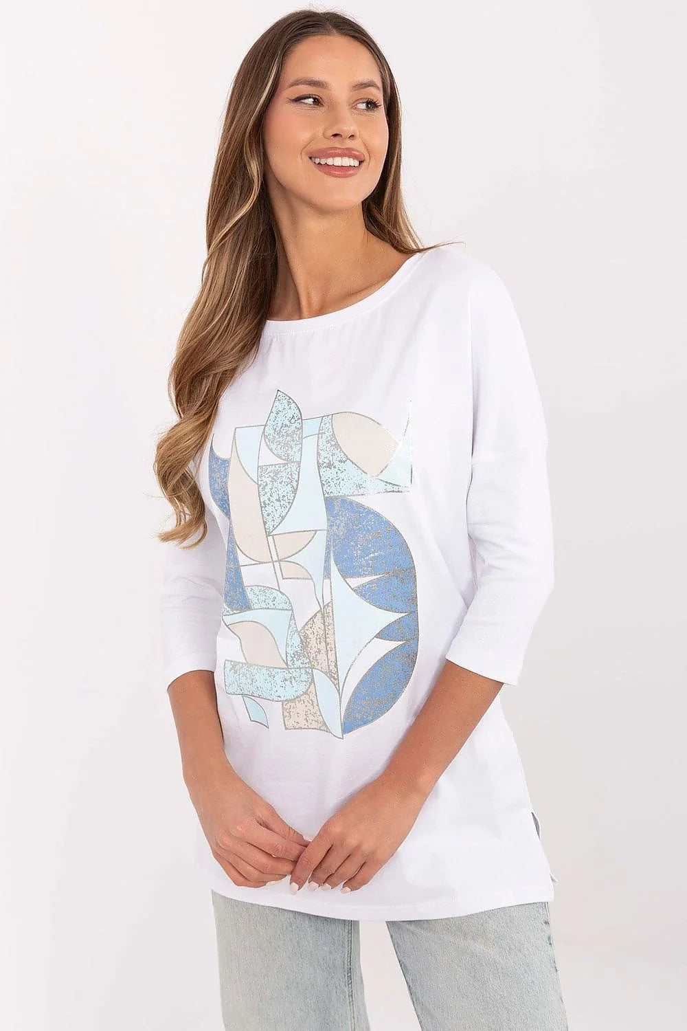 Chemisier Femme Manches 3/4 Imprimé Abstrait Design Moderne Confortable Élégance Décontractée Tissu Coton Élasthanne Occasions Multiples Hiver Été