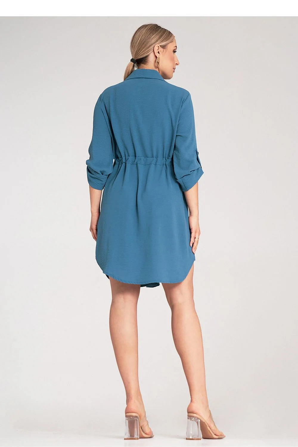 Robe de jour élégante chemise style décontracté manches ajustables ceinture taille ajustable robe polyester elasthanne S/M femme