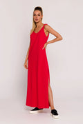 Robe de jour Moe longue sans manches en maille couleur rouge vif encolure en V fente latérale coupe ample femme