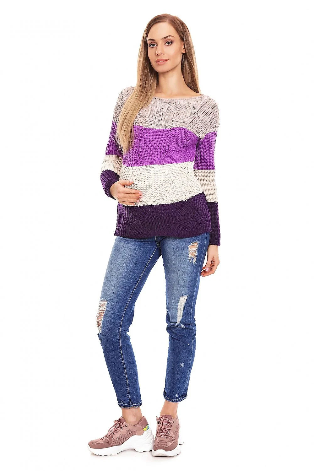 pull tricoté femme grossesse grosse maille rayures horizontales beige kaki blanc noir oversize coupe ample manches longues col rond chaud