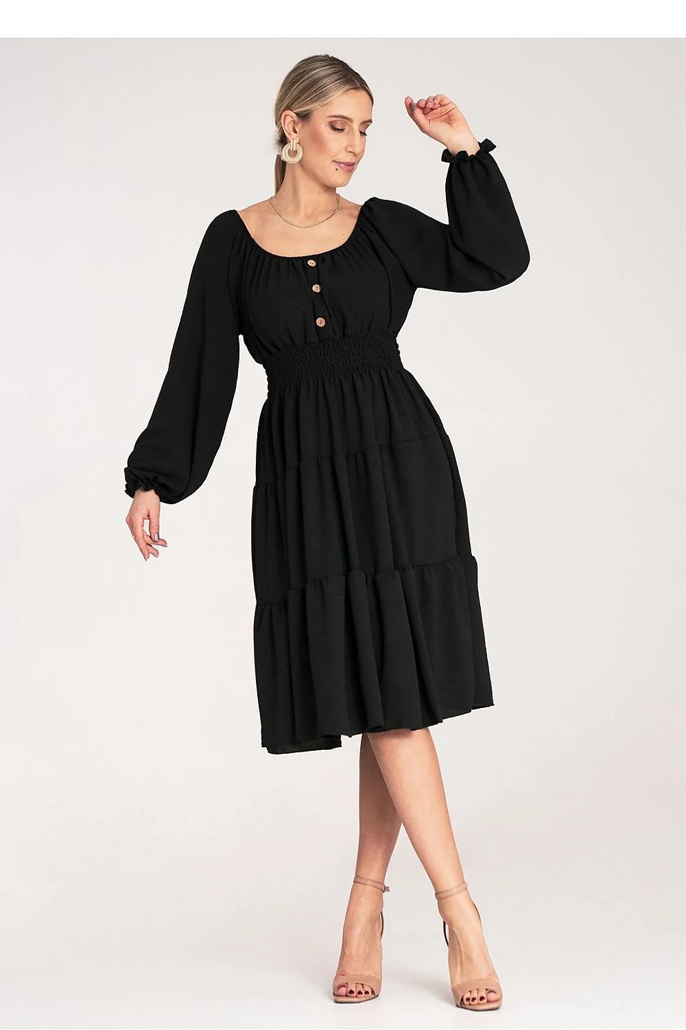 Robe de jour élégante style bohème-chic encolure Bardot manches longues empire waist volants noire polyester élasthanne femme