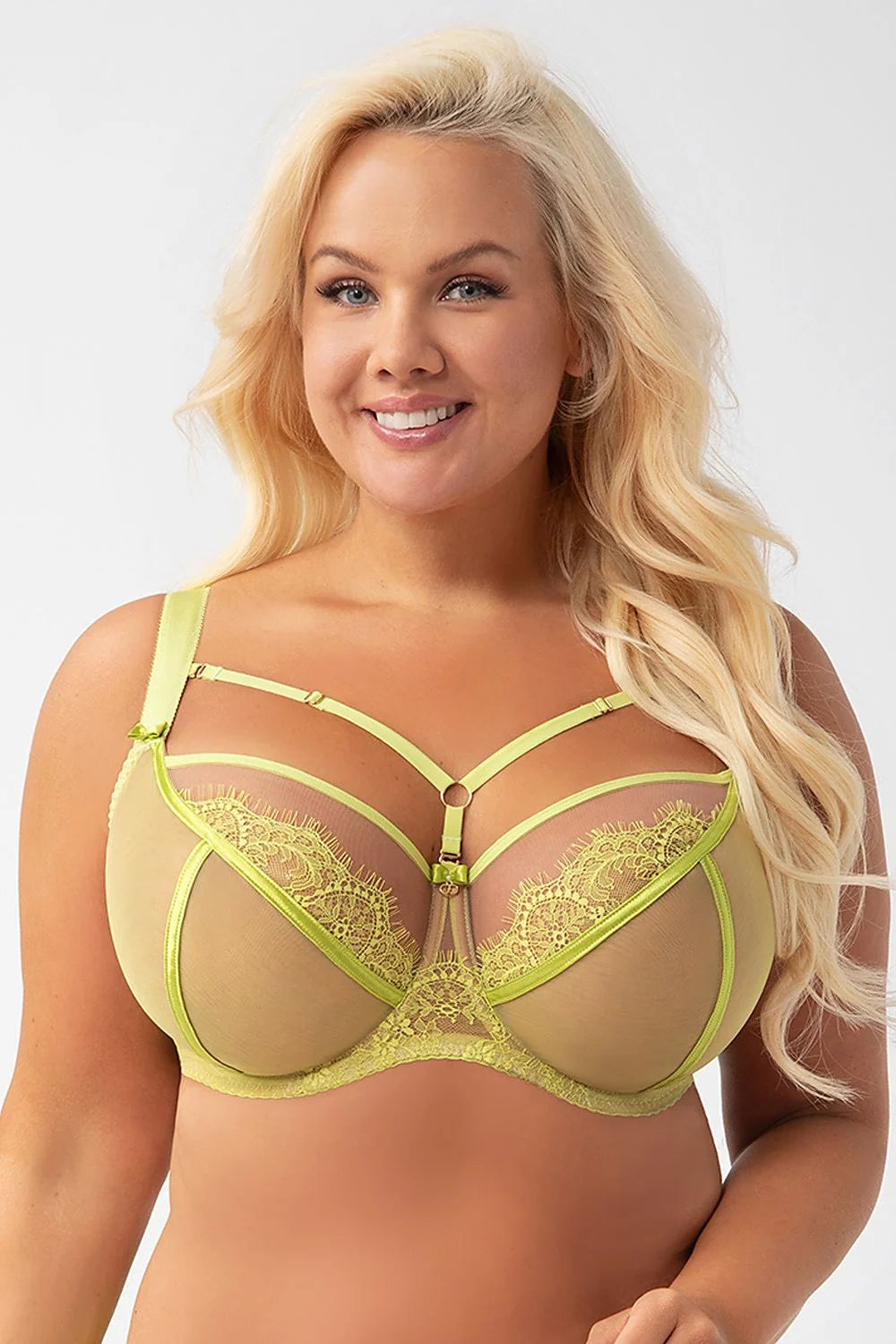 soutien gorge balconnet grande taille vert anis tulle transparent dentelle florale armatures bonnets structurés coutures verticales maintien renforcé