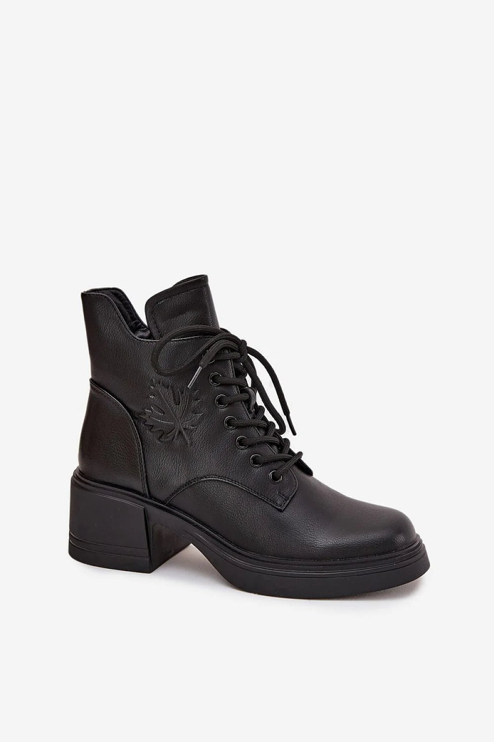 bottines femme noires simili cuir talon bloc semelle plateforme lacets zip intérieur embossé feuille latérale doublure douce confort
