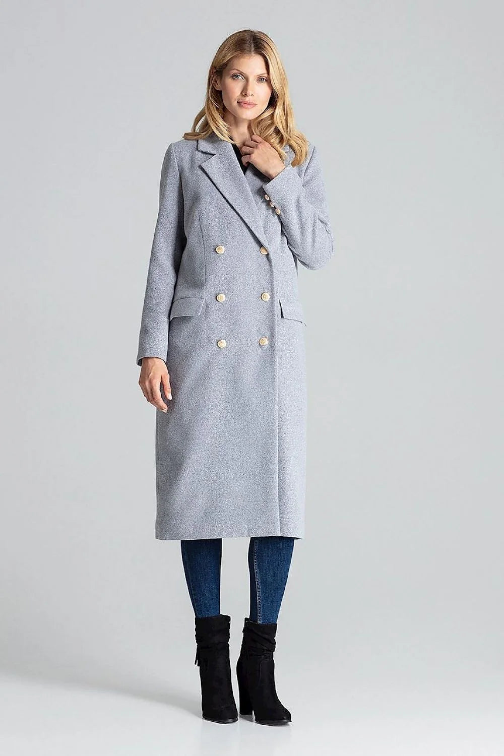Manteau femme laine gris clair élégant double boutonnage col revers idéal hiver chic sophistiqué