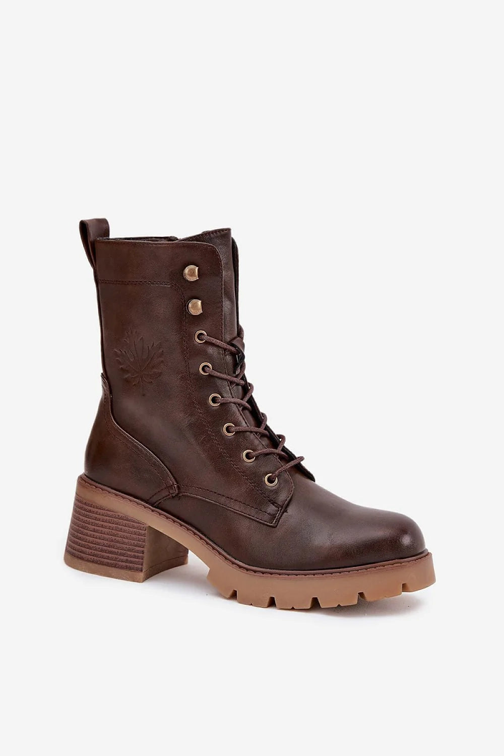 bottines femme similicuir marron foncé talon bloc mihaut lacets zip latéral doublure chaude feuille décoratif élégant semelle crantée antidérapante
