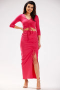 Jupe longue Infinite You maille douce rose vif fente latérale crop top manches trois-quarts ajustable femmes soirée élégante