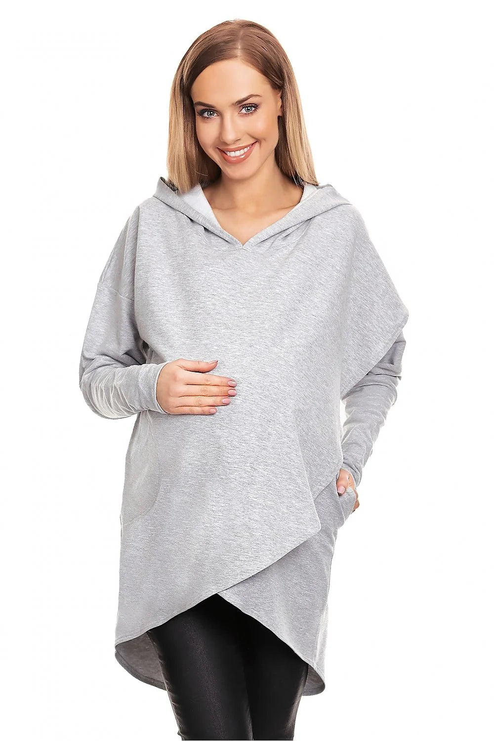 Sweatshirt de grossesse asymétrique à capuche en coton rouge profond, manches longues, coupe semi-ajustée pour femmes enceintes