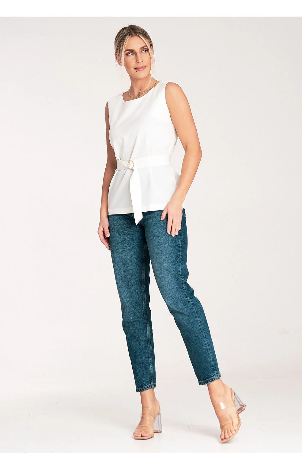 Chemisier Figl Femme Sans Manches Blanche Élégant Coupe Cintrée Ceinture Dorée Polyester Viscose Tailles XS à XL