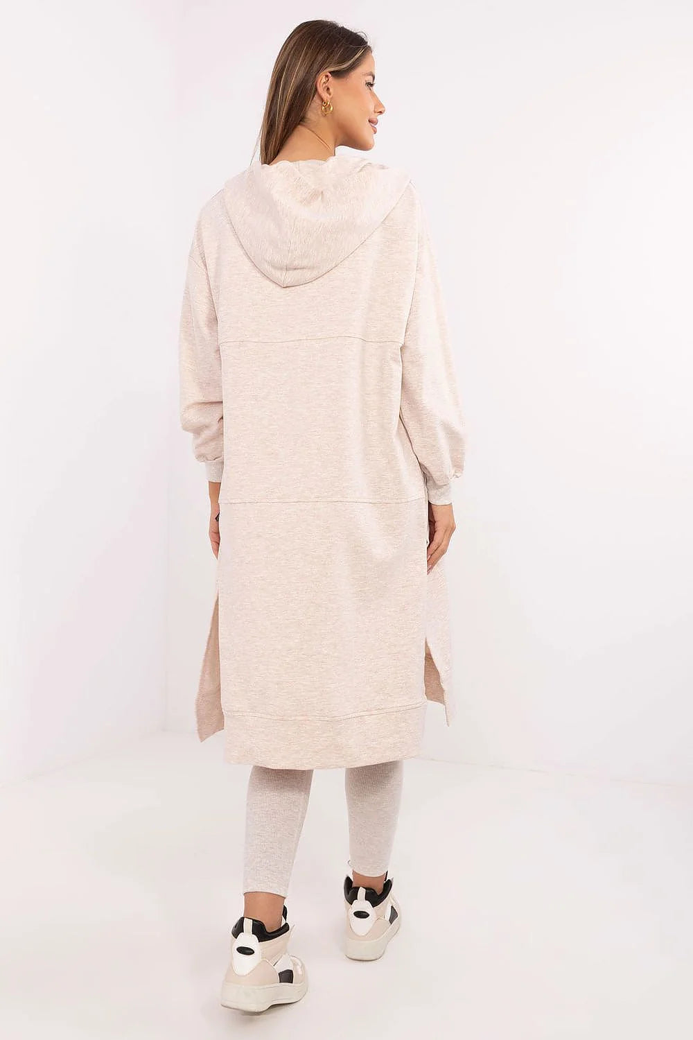 ensemble coordonné femme long cardigan capuche beige crop top legging taille haute moulant maille stretch poches zips baskets montantes