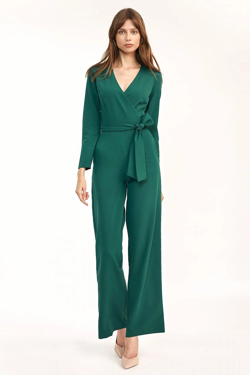 Combinaison fluide vert émeraude chic ceinture nouée jambes larges élégance moderne pour femmes sophistiquées
