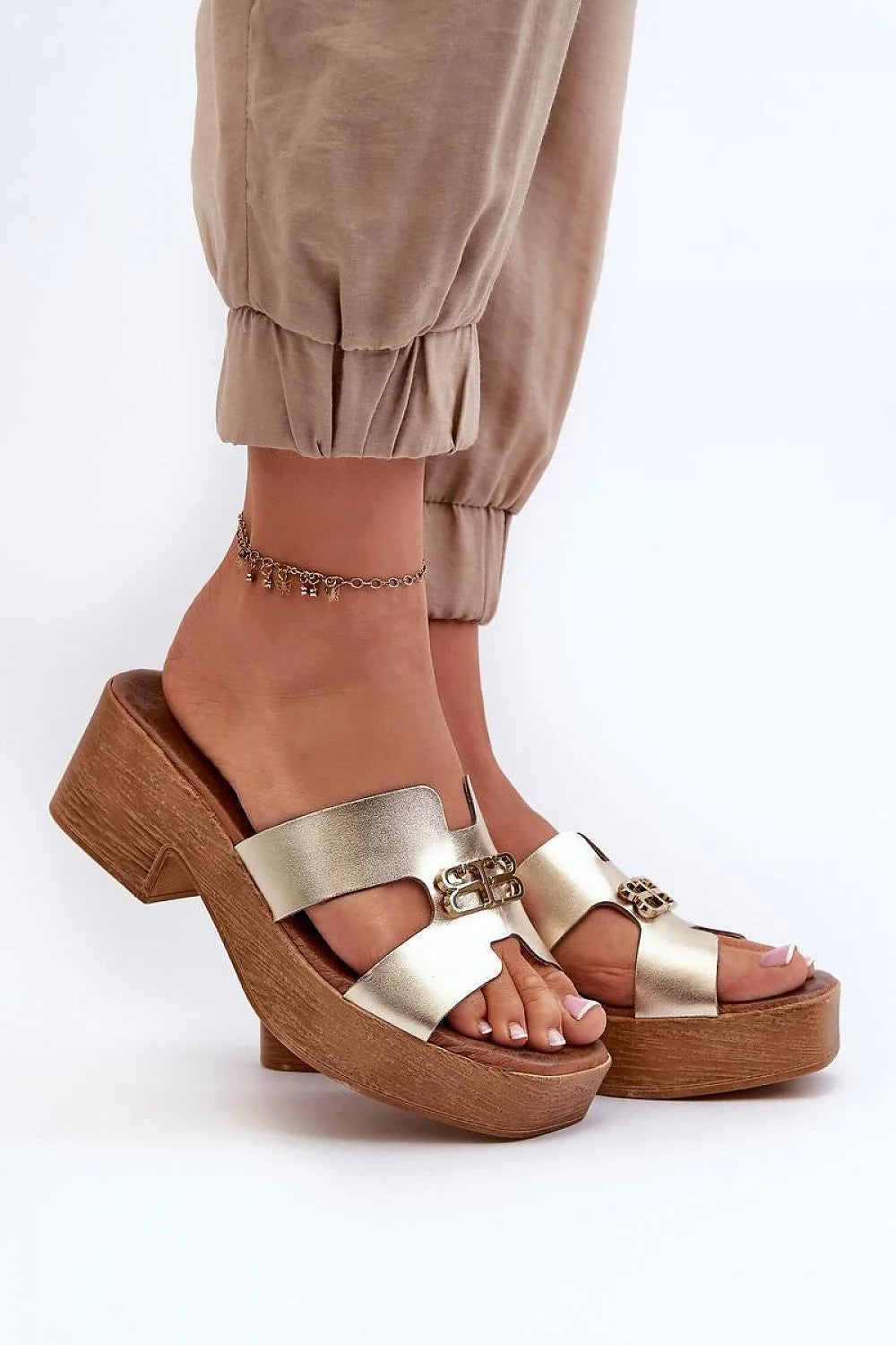 Sandales Step in style élégantes femmes cuir doré semelle bois plateforme 3cm talon 6cm occasion soirée été