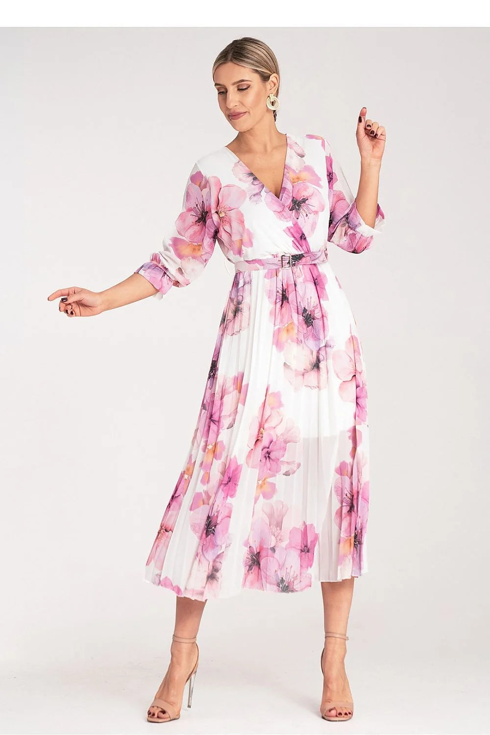 Robe de jour Figl longueur midi imprimé floral décolleté V manches 3/4 taille élastique ceinture polyester elasthanne femmes occasion formelle style romantique moderne