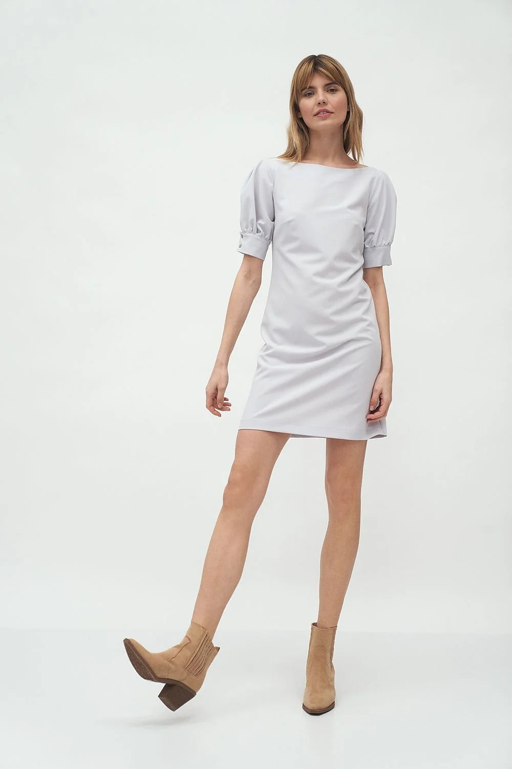 Robe élégante femme en polyester viscose manches trois-quarts encolure bateau occasion semi-formelle chic