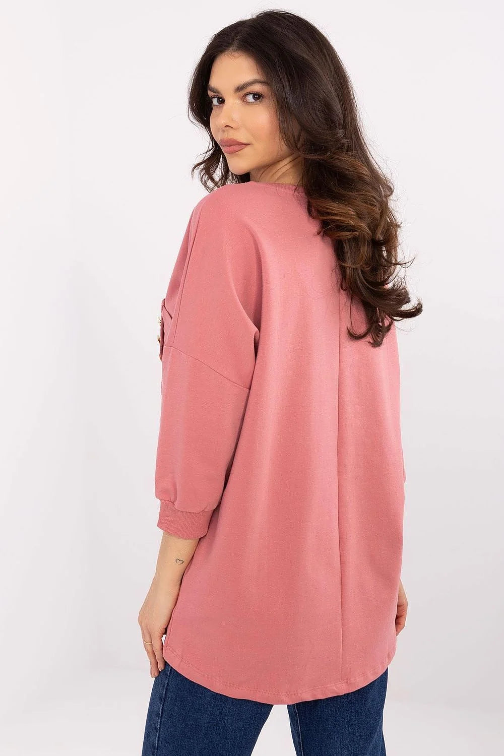 Pull pour femme moderne couleur rose pâle coupe décontractée manches longues épaules tombantes poche décorative boutons dorés en coton