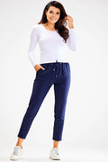 Ensemble mode décontracté pour femmes t-shirt manches longues blanc pantalon jogger bleu marine élastique ajustable
