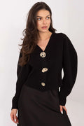 cardigan court noir col V coupe boxy manches bouffantes longues boutons dorés texture organique tricot fin bordcôte ajusté doux élégant