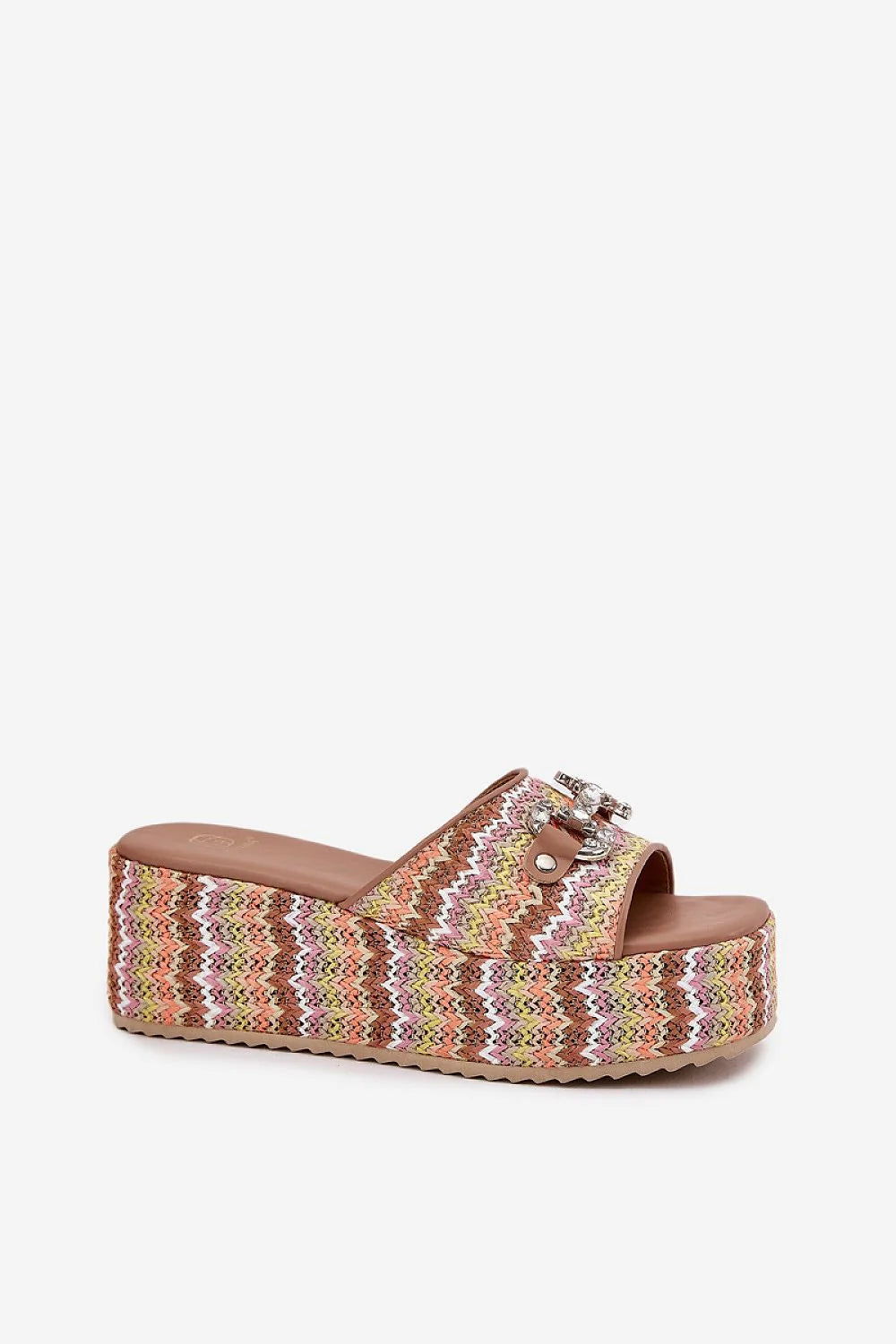 Sandales compensées pour femmes style estival ouvertes motif chevron multicolore tissu cuir artificiel plateforme 7 cm