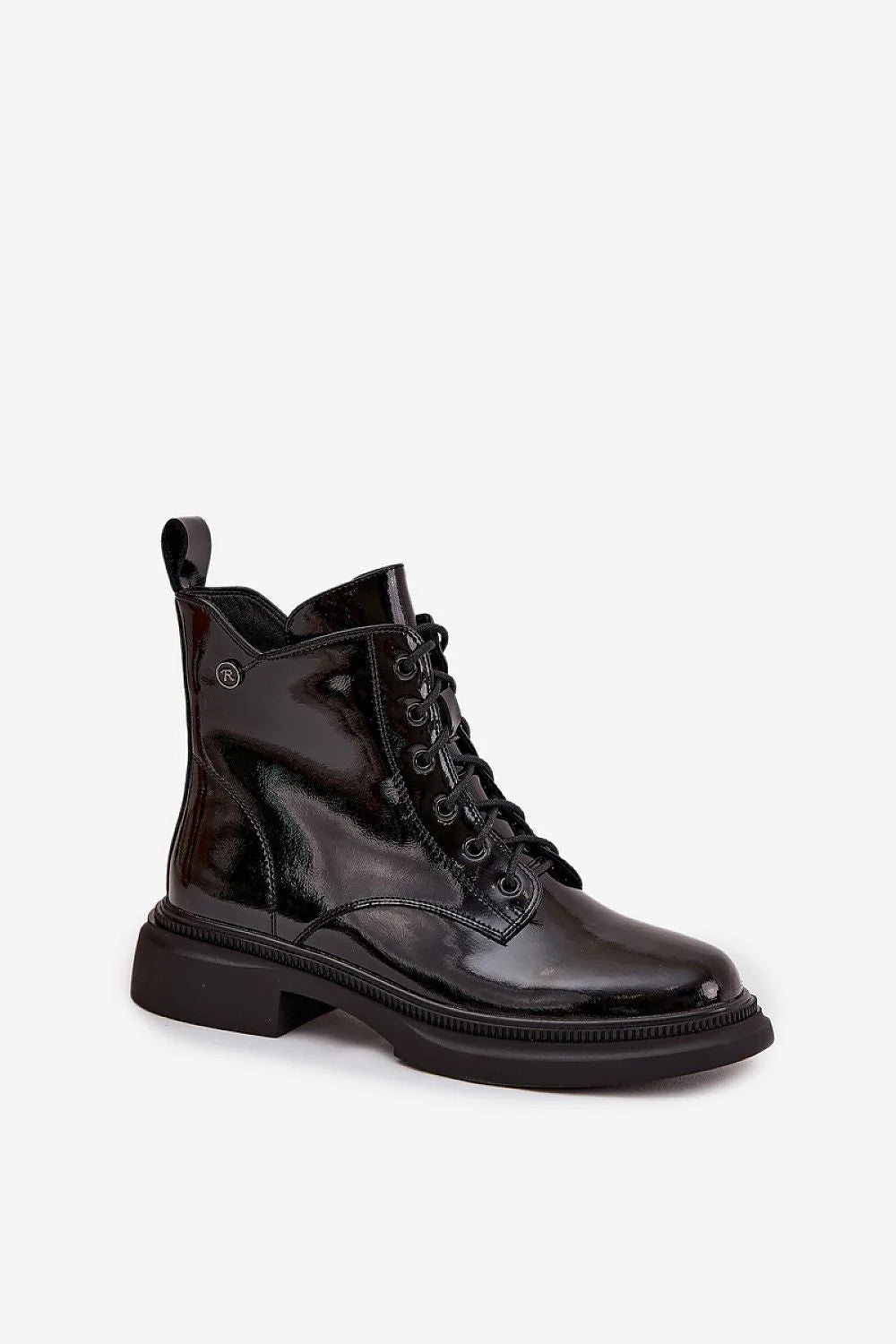 bottines femme cuir verni noir brillant montantes rangers lacées fermeture éclair doublée chaude confortable semelle crantée gomme talon bloc urbain