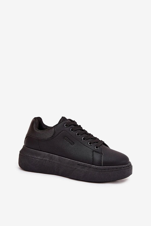 baskets femme plateforme noires cuir écologique similicuir mat lacets œillets métalliques col rembourré semelle épaisse caoutchouc confort stabilité tendance urbaine